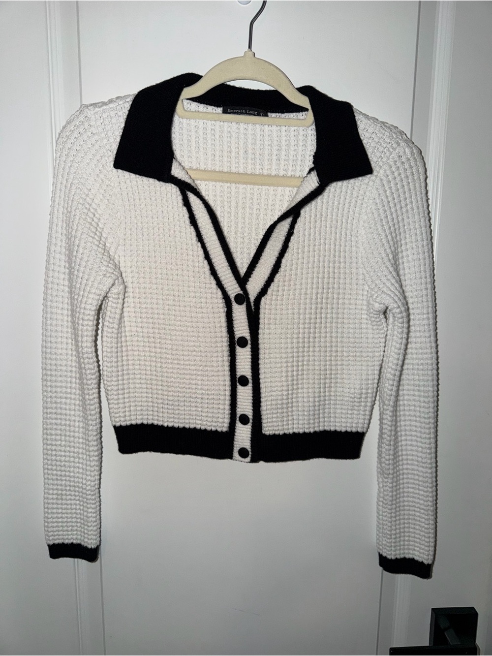 Emerson Lang Cardigan Womens L Ivory Black Collared Cropped Preppy Sweater